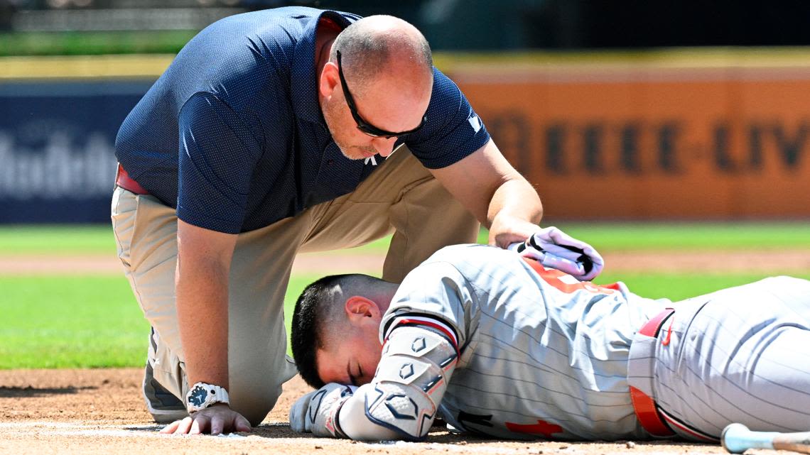 Twins third baseman Jose Miranda leaves game after being hit in the head by 95-mph fastball