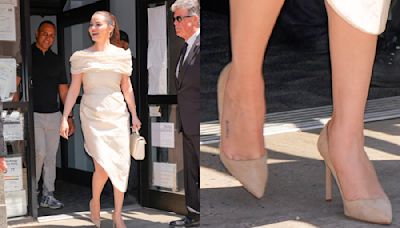 Selena Gomez Wears Beige Manolo Blahnik Suede Shoes at Rare Beauty Event in New York