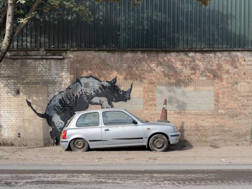 Banksy unveils rhino art that looks as though the animal is climbing on to a car