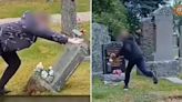 Shocking moment young thug rips up graves & smashes headstones at Scots cemetery