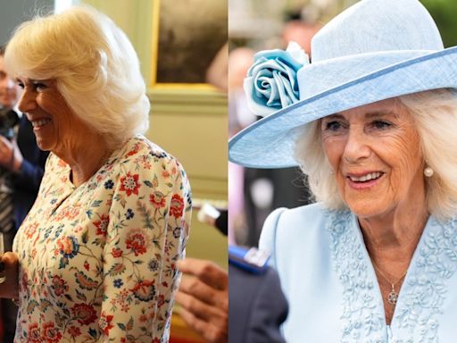 Queen Camilla Favors Summertime Florals in Two Fiona Clare Looks and Wears Brooch From Queen Elizabeth II’s Collection...