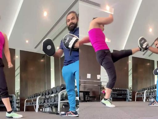 Hina Khan practices kick-boxing amidst breast cancer treatment; writes ‘Will it to win it, one step at a time’ - Times of India