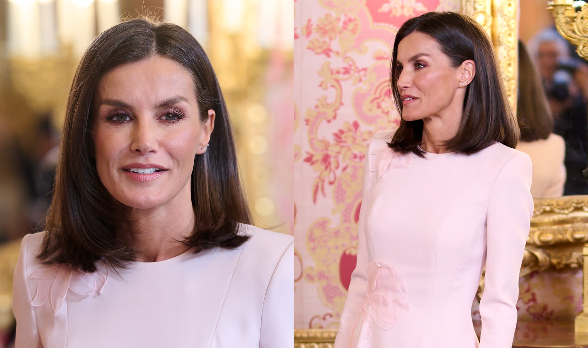 Queen Letizia of Spain Goes for Sharp Shoulders in Pink Midi Dress With Floral Appliqués for Palace Luncheon