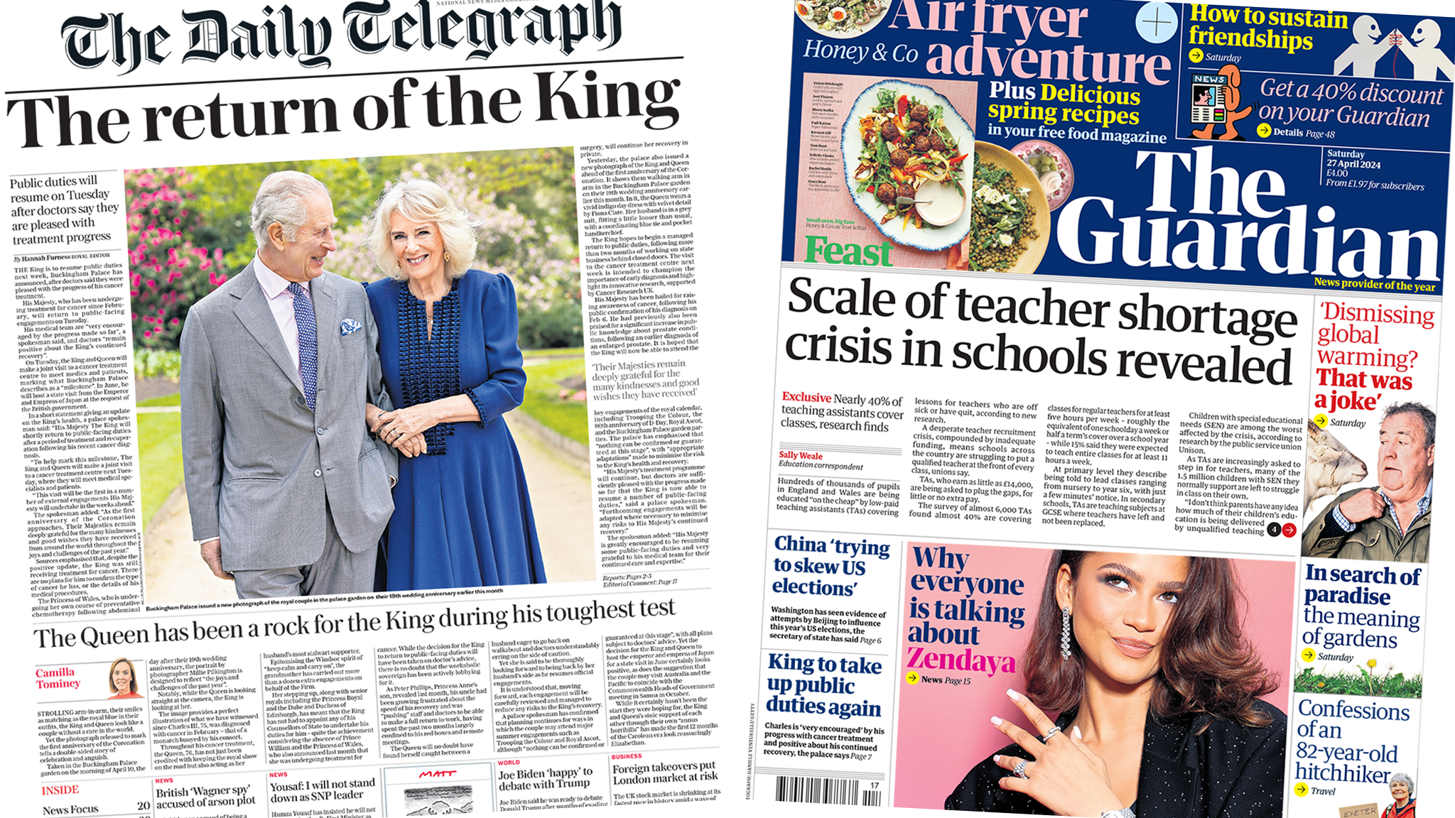 Newspaper headlines: 'Return of the King' and 'teacher shortage crisis'