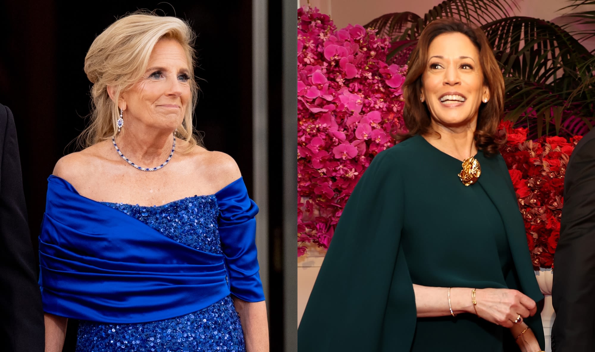 Jill Biden Dazzles in Sapphire Sergio Hudson Dress, Kamala Harris Dons Chloé Cape and More at White House State Dinner...