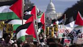 Hundreds of pro-Palestinian protesters rally in the rain in DC to mark a painful present and past