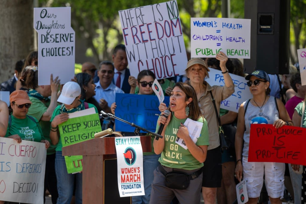 Calls for reproductive rights in LA on anniversary of Roe v. Wade overturn