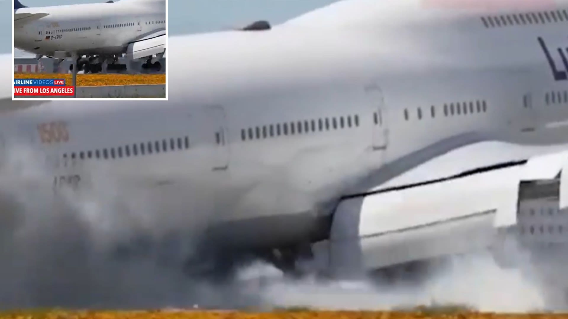 Moment Boeing 747 bounces along runway twice before aborting rough landing