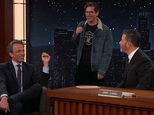 Watch Andy Samberg crash Seth Meyers' “Jimmy Kimmel Live” interview to heckle him: 'Nobody cares!'