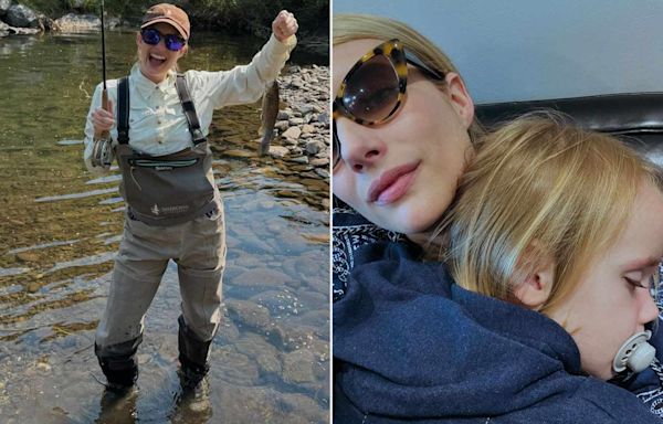 Emma Roberts Takes a Fishing Trip with Son Rhodes and Snuggles Up in Sweet Snap