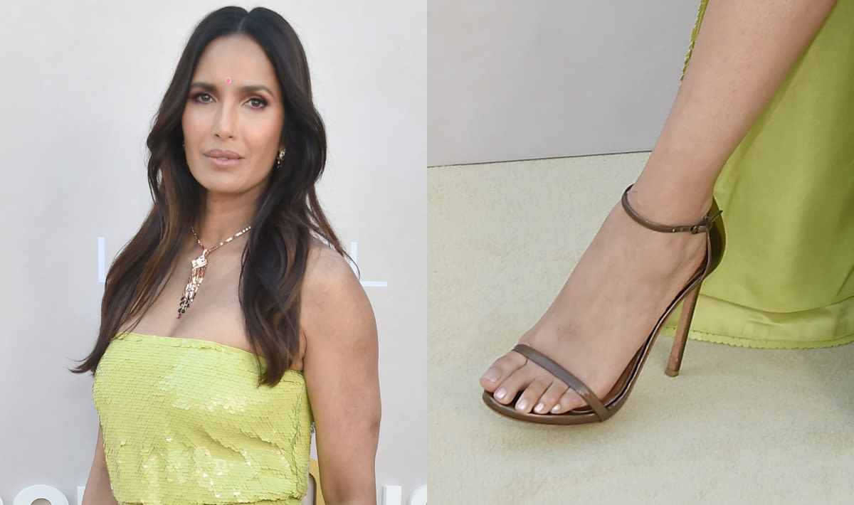 Padma Laskhmi Wears Espresso Colored Stiletto Sandals To The AAPI Star-Studded Gold Gala