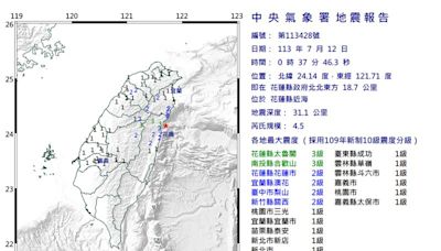 花蓮近海「極淺層地震」！芮氏規模4.5 10縣市有感