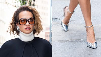 Rita Ora Hops on Metallic Trend With Mirrored, Pointy-Toe Shoes in Tribeca