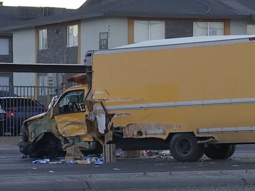 Box truck overturns after crashing into Las Vegas Valley Water District truck