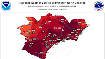 Tropical Storm Debby rainfall totals for the Wilmington area through Friday morning