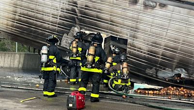 Overturned produce truck catches fire on Bay Bridge