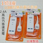 【酷露馬】台灣製造 智慧型充電延長線 1切3座+USB充電2孔(0.9m)新安規 USB充電插座 三插延長線 HE009