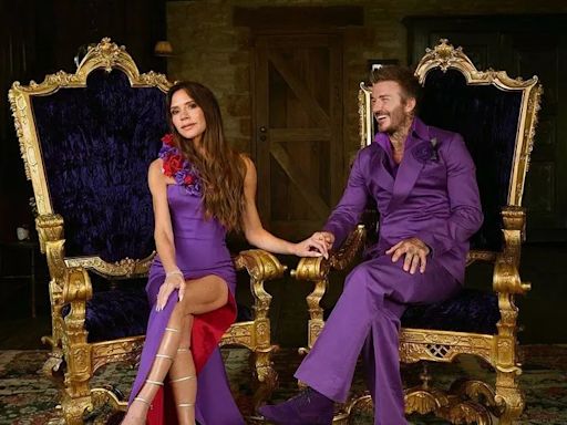 David and Victoria Beckham stun fans in famous purple wedding attire 25 years on