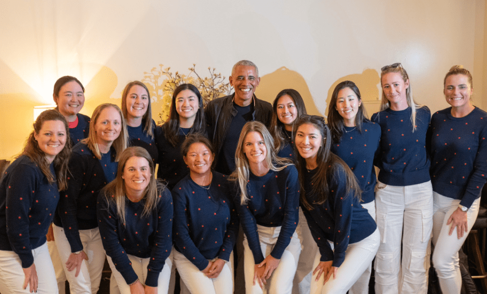 Former President Barack Obama visits United States Solheim Cup team before biennial bash