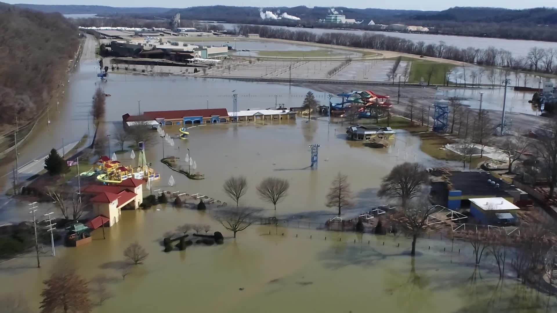 Aerial video Ohio River swells, flooding Coney Island