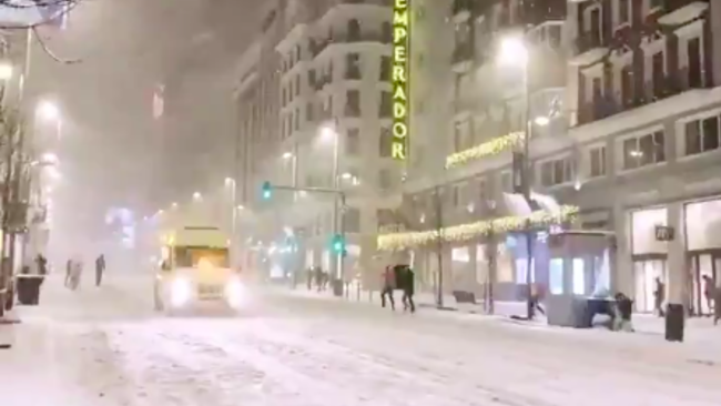 Snow From Storm Filomena creates picturesque night scenes in Madrid