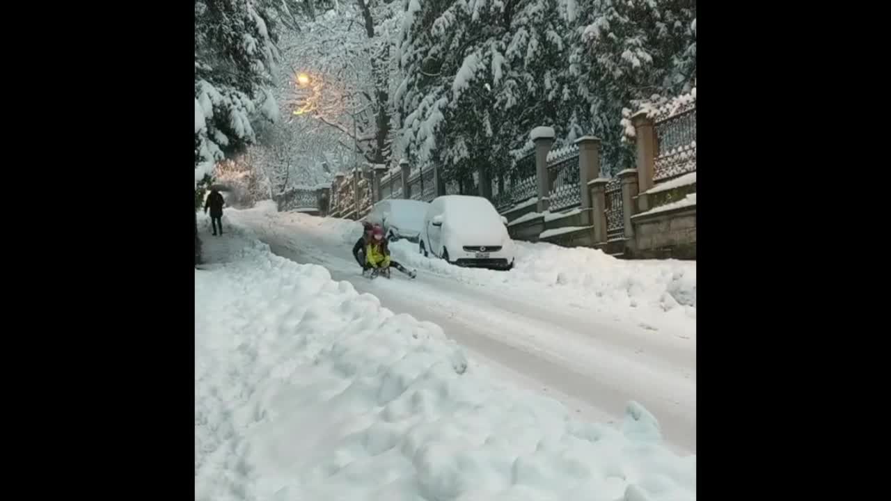 People Sled Down Road As Zurich Is Blanketed By Heavy Snow