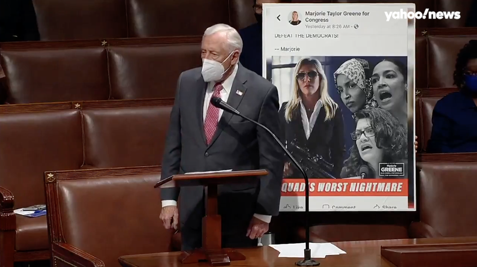 Hoyer displays the image of Marjorie Taylor Greene holding a gun on a Facebook post and asks colleagues: ‘Tell me what message do you think she sends’