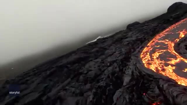 Drone flies over lava flow in stunning images of Icelandic volcano