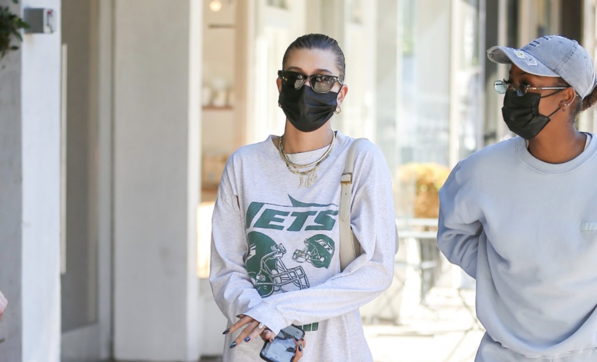 Hailey Bieber Wears NY Jets T-Shirt Dress To Lunch In L. A.