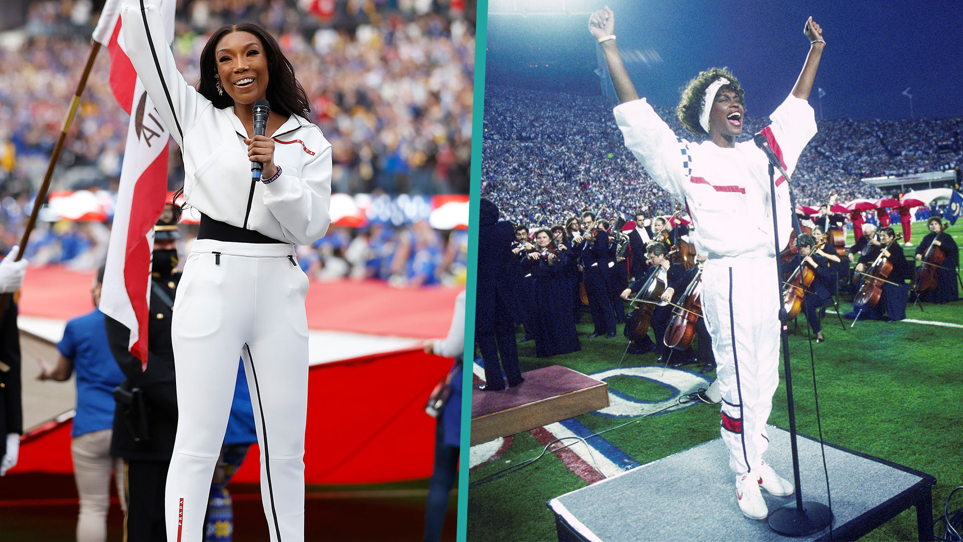 Brandy channels Whitney Houston's 1991 Super Bowl style during national  anthem - Good Morning America