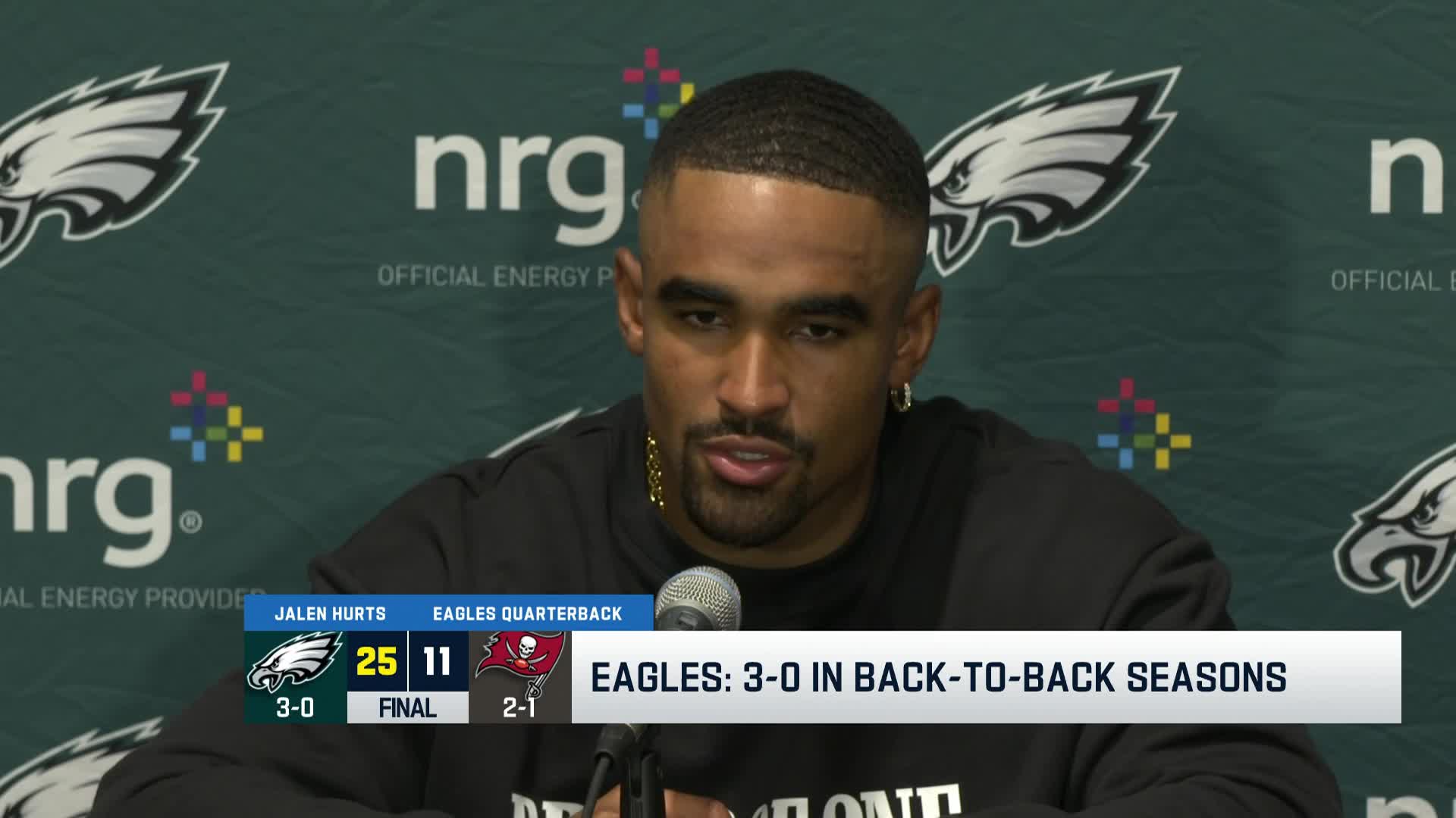 Philadelphia Eagles quarterback Jalen Hurts talks to press following Week 3  win vs. Tampa Bay Buccaneers