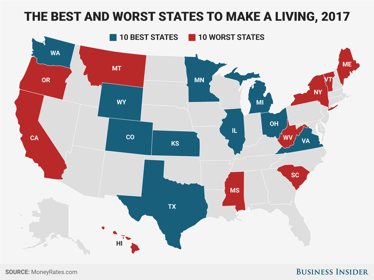 The best and worst states to make a living in 2017