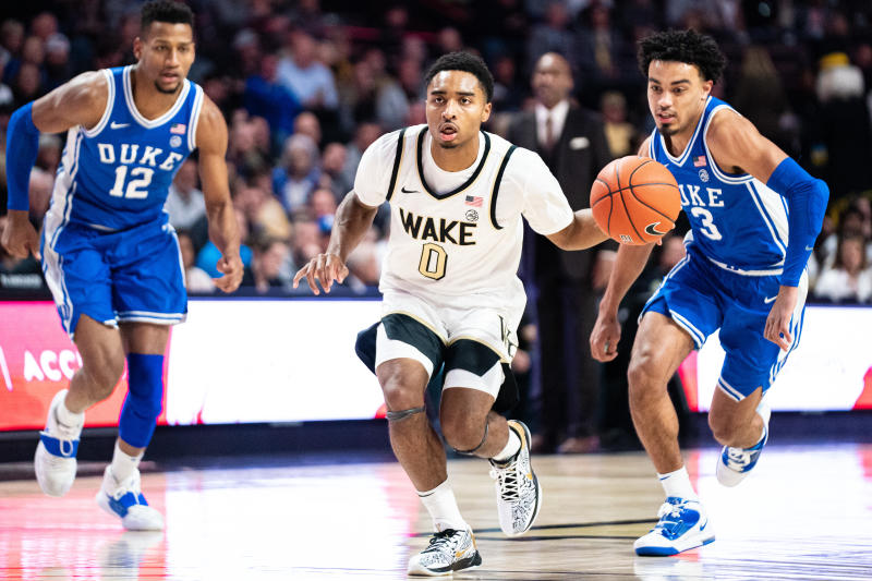 WINSTON-SALEM, NORTH CAROLINA - FEBRUARY 25: Brandon Childress #0 of the Wake Forest Demon Deacons with the ball during the first half during their game against the Duke Blue Devils at LJVM Coliseum Complex on February 25, 2020 in Winston-Salem, North Carolina. (Photo by Jacob Kupferman/Getty Images)