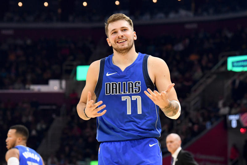 CLEVELAND, OHIO - NOVEMBER 03: Luka Doncic #77 of the Dallas Mavericks reacts after hitting a three during the first half against the Cleveland Cavaliers at Rocket Mortgage Fieldhouse on November 03, 2019 in Cleveland, Ohio. NOTE TO USER: User expressly acknowledges and agrees that, by downloading and/or using this photograph, user is consenting to the terms and conditions of the Getty Images License Agreement. (Photo by Jason Miller/Getty Images)