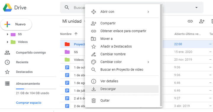 Descarga de archivos en Google Drive