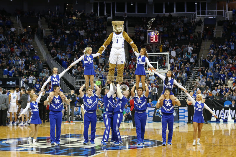 KANSAS CITY, MO - MARCH 29: The Kentucky Wildcats mascot and cheerleaders form a large pyramid during a timeout in the second half of an NCAA Midwest Regional Sweet Sixteen game between the Houston Cougars and Kentucky Wildcats on March 29, 2019 at Sprint Center in Kansas City, MO. (Photo by Scott Winters/Icon Sportswire via Getty Images)