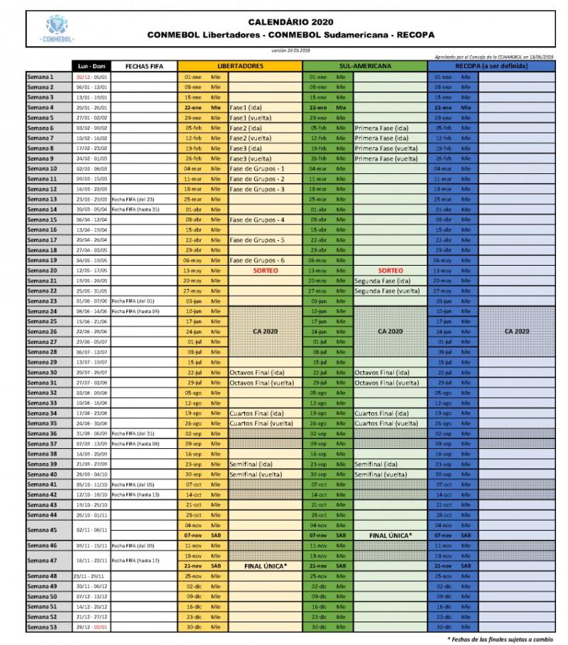 Calendario CONMEBOL 2020 (BODY ONLY)