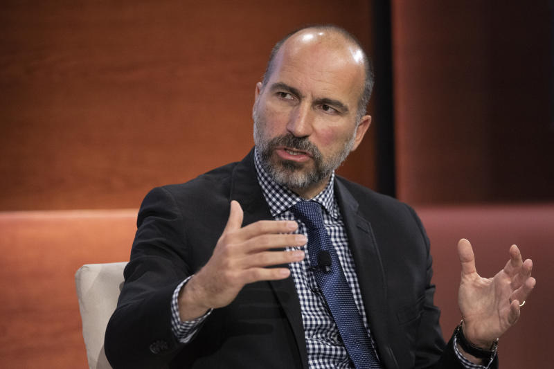 Dara Khosrowshahi, CEO of Uber, speaks at the Bloomberg Global Business Forum, Wednesday, Sept. 25, 2019 in New York. (AP Photo/Mark Lennihan)