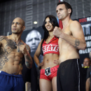 Boxers Daniel Geale, right, and Miguel Cotto pose for photographers during the weigh-in for their fight at the Barclays Center, Friday, June 5, 2015, in the Brooklyn borough of New York. Cotto is slated to defend his WBC world middleweight title against Geale on Saturday. (AP Photo/Mary Altaffer)