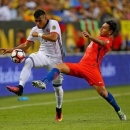 Jun 22, 2016; Chicago, IL, USA; Colombia forward Roger Martinez (9) and Chile defender Gonzalo Jara (18) fight for the ball during the first half in the semifinals of the 2016 Copa America Centenario soccer tournament at Soldier Field. Mandatory Credit: Dennis Wierzbicki-USA TODAY Sports