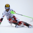 Austria's Marcel Hirscher races down the course during the men's slalom competition at the Alpine skiing world championships on Sunday, Feb. 15, 2015, in Beaver Creek, Colo. (AP Photo/John Locher)