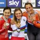 UCI World Track Cycling Championships - London, Britain - 4/3/2016 - Winner Anastasiia Voinova of Russia (C), second placed Lee Wai Sze of Hong Kong (L) and third placed Elis Ligtlee of The Netherlands (R) pose on the podium of the women's 500m time trial final. REUTERS/Matthew Childs