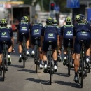 Movistar riders cycle during a team training session in Utrecht, Netherlands, July 3, 2015.  REUTERS/Benoit Tessier