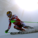 Marcel Hirscher competes on his way to the second place, during an alpine ski, men's World Cup slalom race, in Levi, Finland, Sunday, Nov. 16, 2014. (AP Photo/Giovanni Auletta)