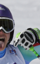 Slovenia's Tina Maze reacts during the women's downhill at the Alpine skiing world champnship in Friday, Feb. 6, 2015, in Beaver Creek, Colo. (AP Photo/Marco Trovati)