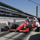 Scott Dixon, of New Zealand, pulls in for a practice pit stop during the final practice session for the Indianapolis 500 auto race at Indianapolis Motor Speedway in Indianapolis, Friday, May 22, 2015. (AP Photo/Darron Cummings)