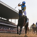 FILE - In this June 6, 2015, file photo, Victor Espinoza reacts after crossing the finish line with American Pharoah (5) to win the 147th running of the Belmont Stakes horse race at Belmont Park, in Elmont, N.Y. Racing's first Triple Crown winner in 37 years will make his next start in the $1 million Haskell Invitational on Aug. 2 at Monmouth Park. (AP Photo/Julio Cortez, File)