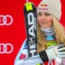 First place finisher Lindsey Vonn of the United States takes the podium during the women's Super G race in the FIS alpine skiing World Cup at Lake Louise Ski Resort.  Sergei Belski-USA TODAY Sports