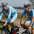 Astana rider Vincenzo Nibali of Italy (R) cycles with team mate Dutch rider Lars Boom during a training session in Utrecht, Netherlands, July 3, 2015.  REUTERS/Eric Gaillard