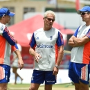 England players rallied to the support of Peter Moores, pictured (C) in April at the Kensington Oval Stadium, as reports emerged that the under-fire coach is on the verge of being sacked for the second time (AFP Photo/Jewel Samad)